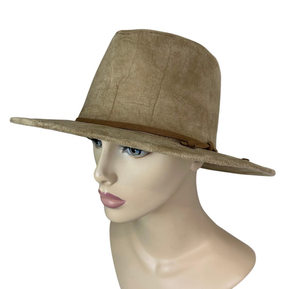 Bel Cappelli Women's Tan Faux Suede Flat Brim Hat Faux Leather Band Adjustable